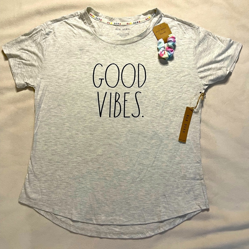 NWT Rae Dunn GOOD VIBES Shirt &‎ Scrunchie